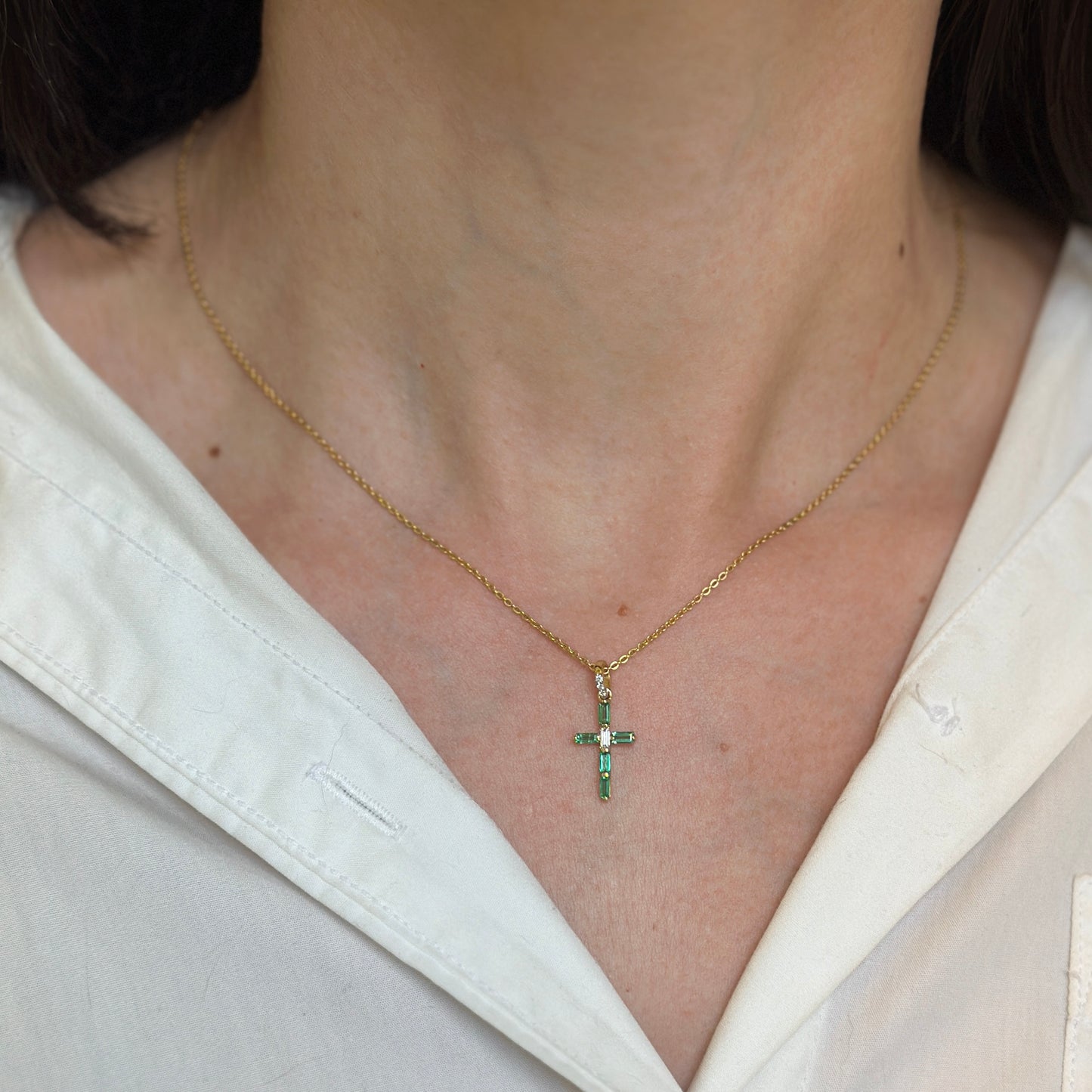 14KT Yellow Gold Baguette Emerald + Diamond Cross Pendant