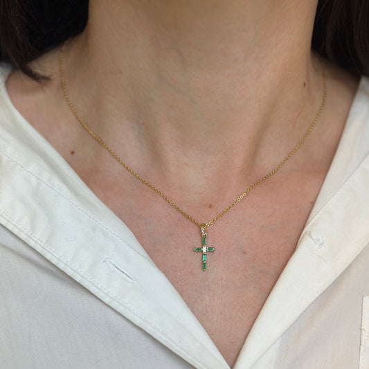 14KT Yellow Gold Baguette Emerald + Diamond Cross Pendant