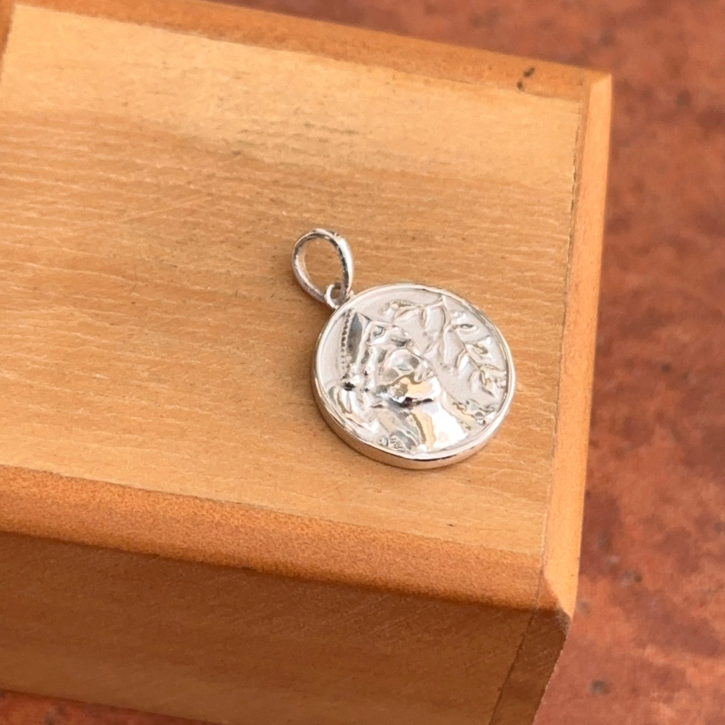 Sterling Silver Athena Solid Polished Round Textured Medal Pendant 15mm