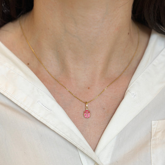 14KT Yellow Gold Pink Enamel Ladybug Pendant Charm