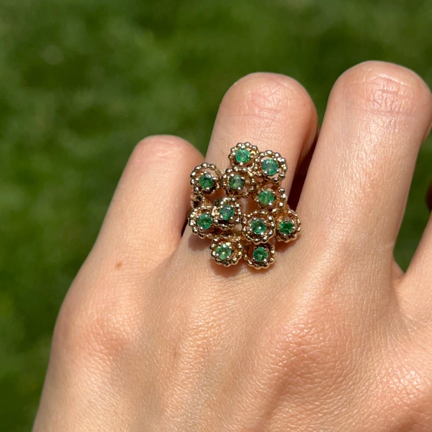 Estate 14KT Yellow Gold Round Emerald Cluster Ring
