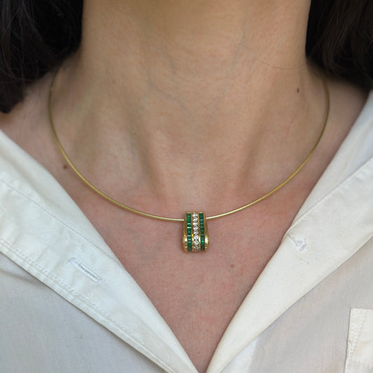 Estate 14KT Yellow Gold Emerald + Diamond Channel-Set Slide Pendant