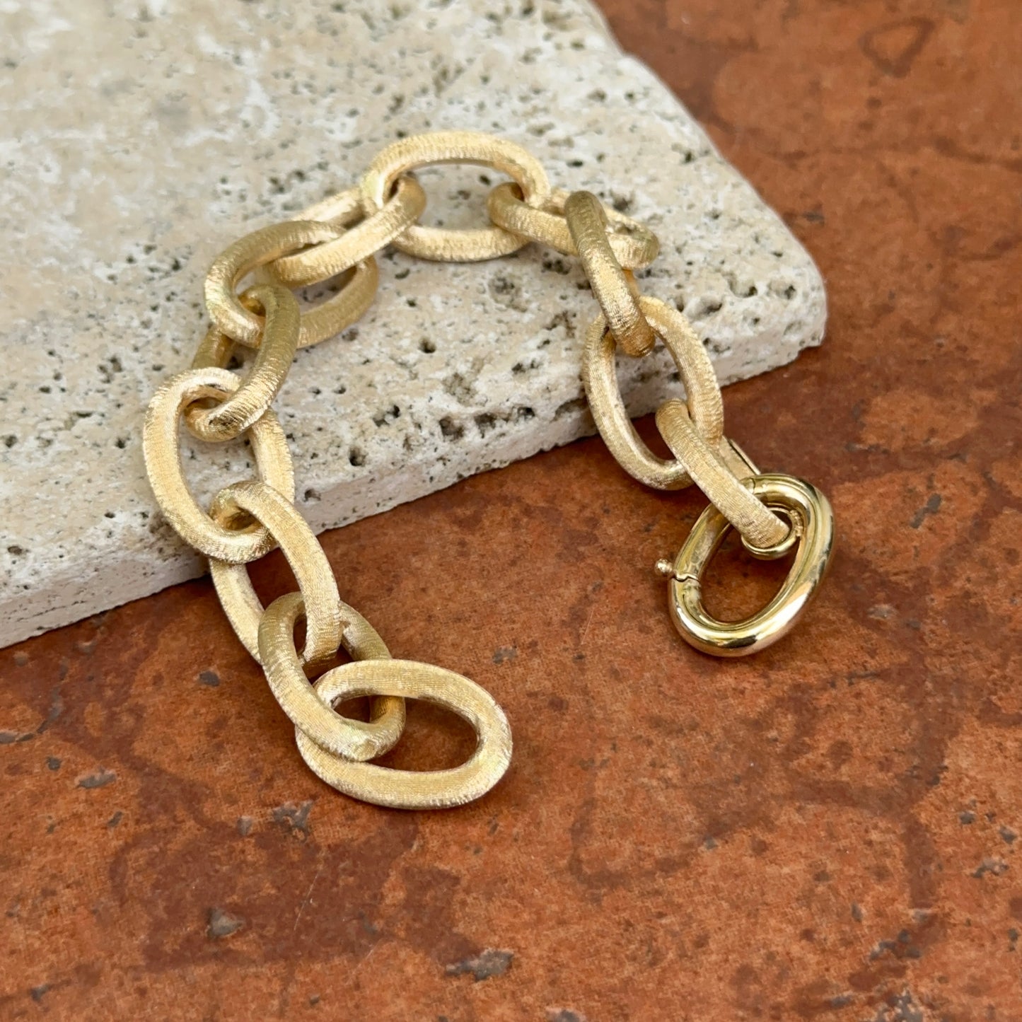 Estate 14KT Yellow Gold Matte Oval 14mm Link Chain Bracelet