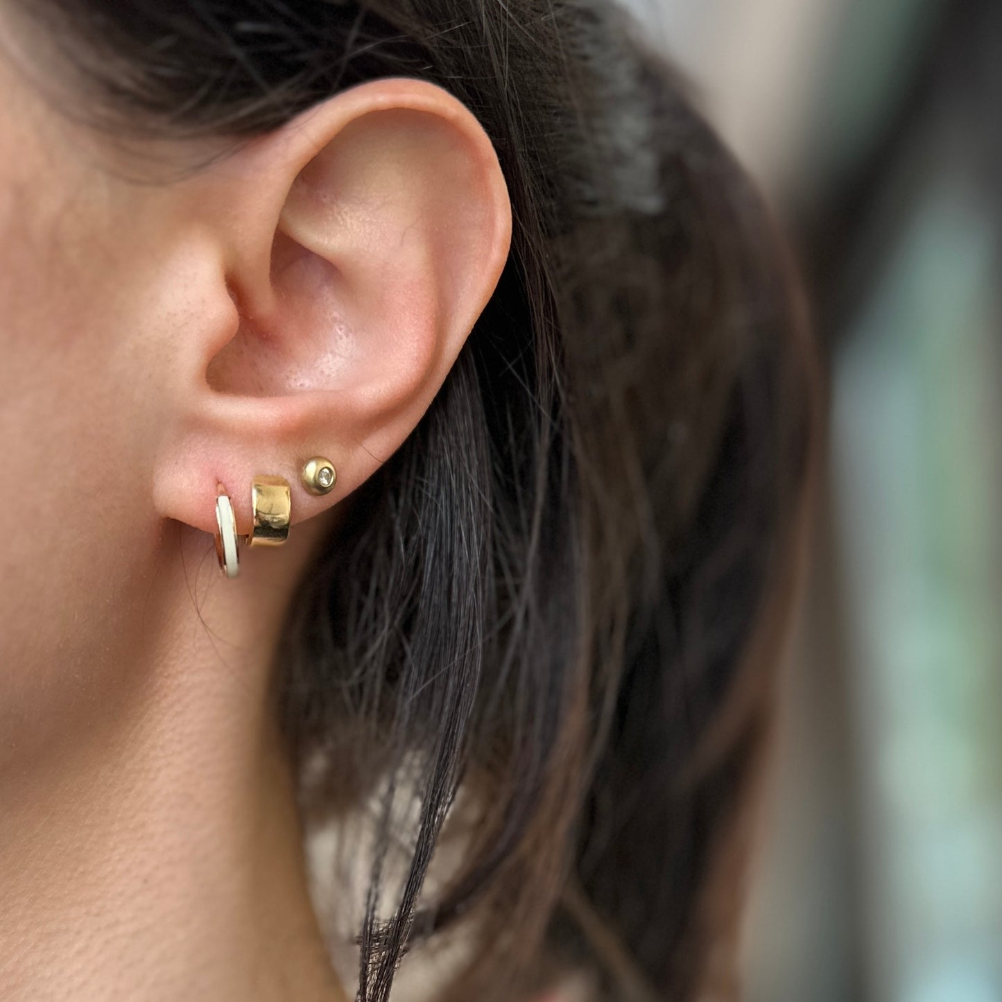 14KT Yellow Gold Solid Cream Enamel Huggie Hoop Earrings 12mm - LSJ