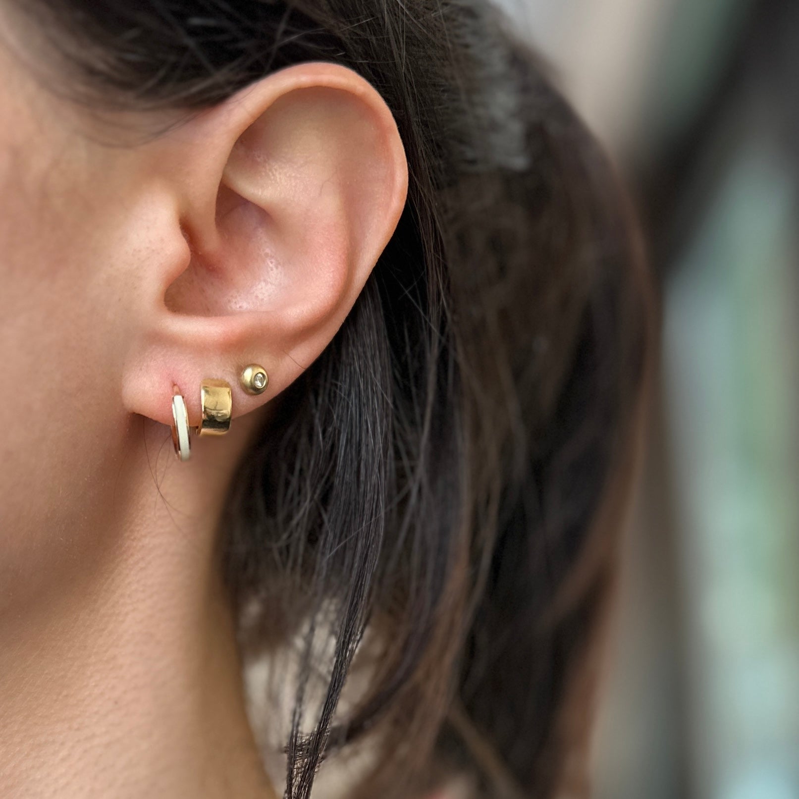 14KT Yellow Gold Solid Cream Enamel Huggie Hoop Earrings 12mm - LSJ