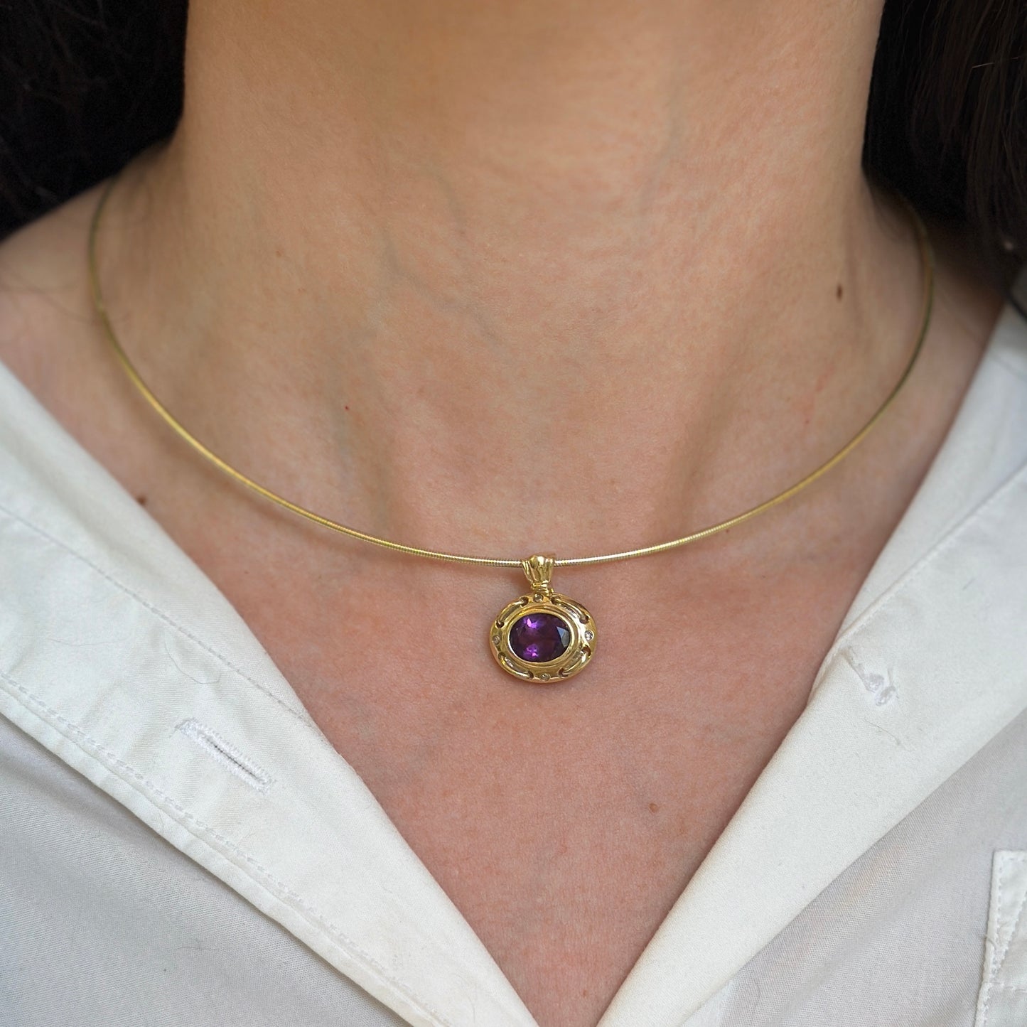 Estate 14KT Yellow Gold Oval Amethyst + Gypsy-Set Diamond Pendant Enhancer