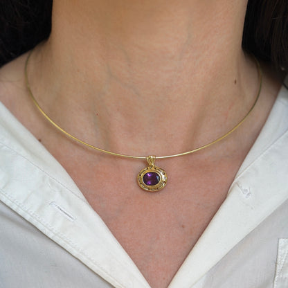 Estate 14KT Yellow Gold Oval Amethyst + Gypsy-Set Diamond Pendant Enhancer