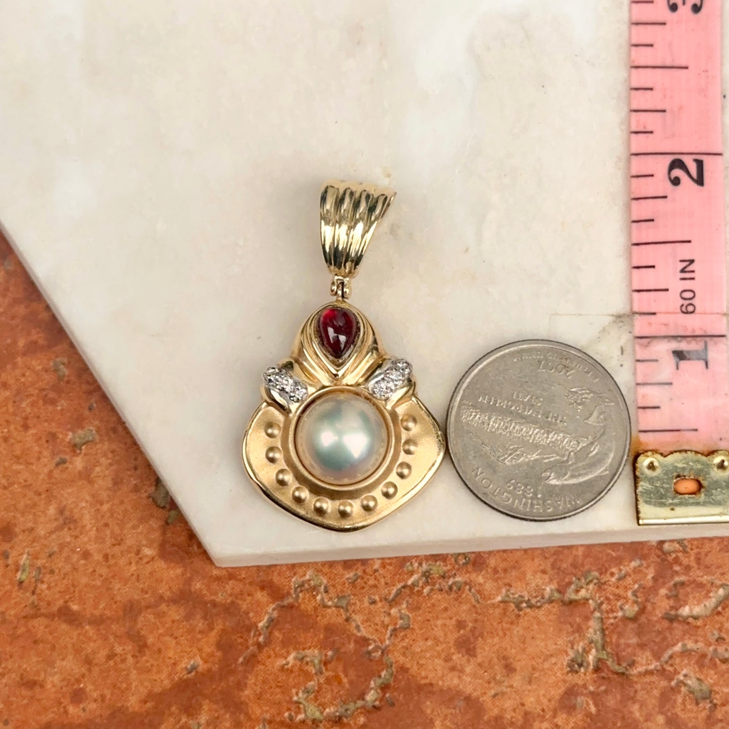 Estate 14KT Yellow Gold Large Mabe Pearl Garnet and Diamond Pearl Enhancer Pendant