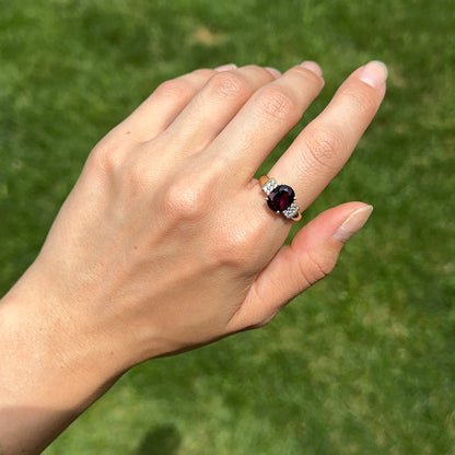 Estate 14KT Yellow Gold Oval Deep Raspberry Garnet + Diamond Ring
