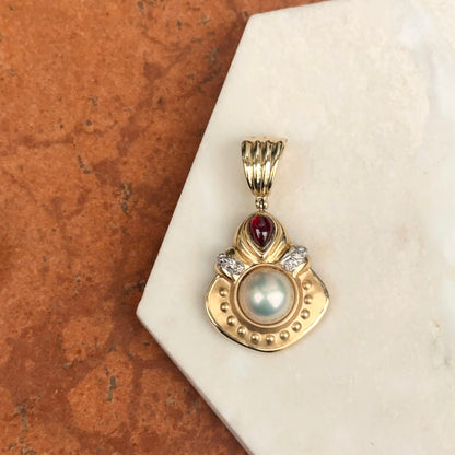 Estate 14KT Yellow Gold Large Mabe Pearl Garnet and Diamond Pearl Enhancer Pendant