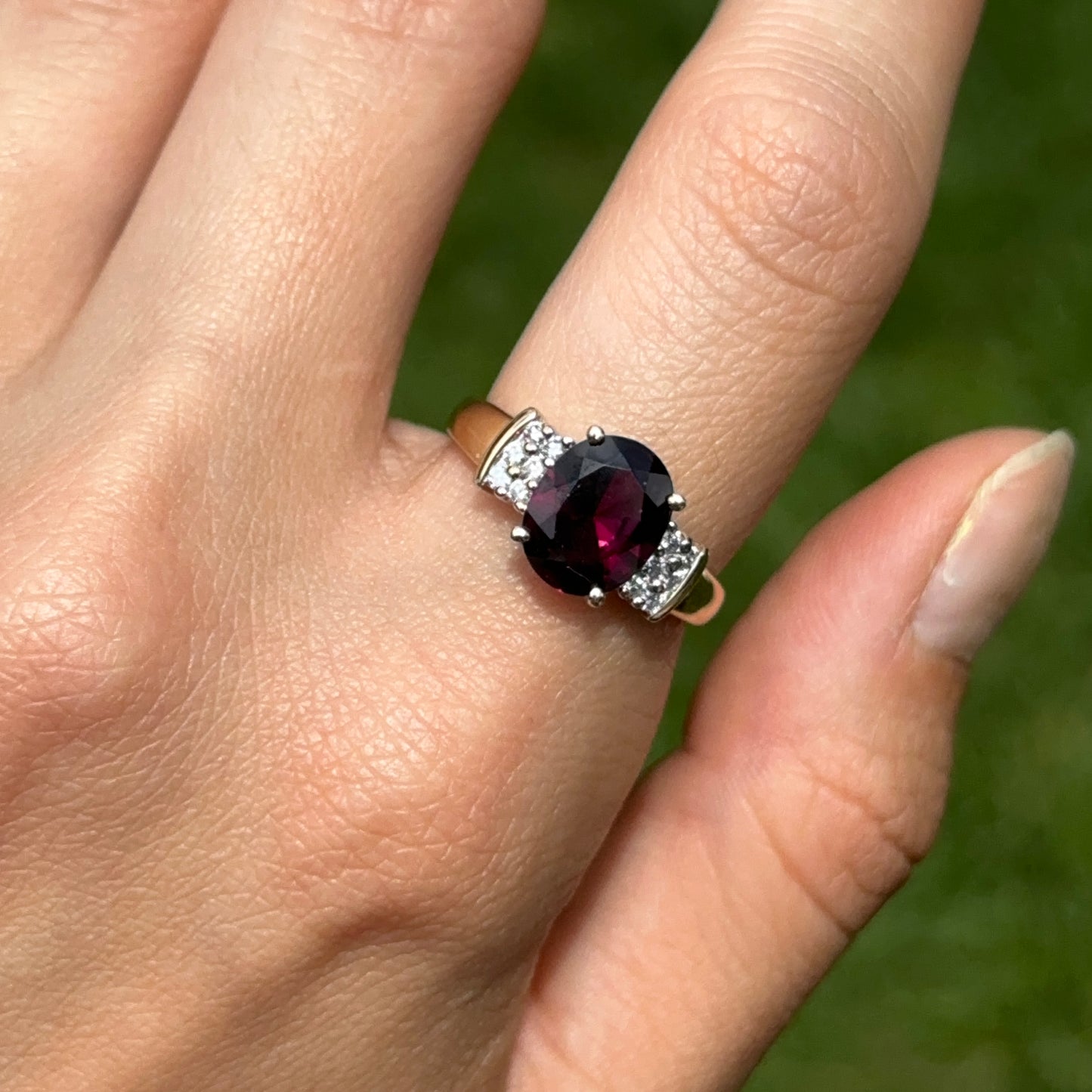 Estate 14KT Yellow Gold Oval Deep Raspberry Garnet + Diamond Ring