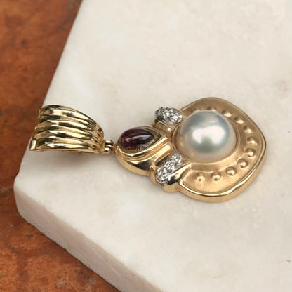 Estate 14KT Yellow Gold Large Mabe Pearl Garnet and Diamond Pearl Enhancer Pendant