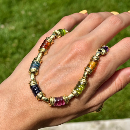 Estate 18KT Yellow Gold Multi-Gemstone Heavy Link Collar Necklace