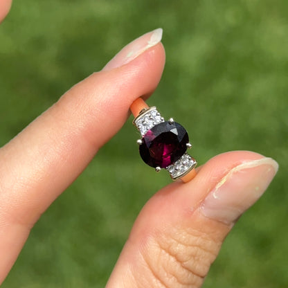 Estate 14KT Yellow Gold Oval Deep Raspberry Garnet + Diamond Ring