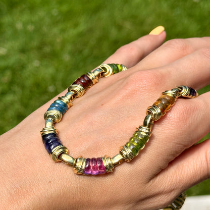 Estate 18KT Yellow Gold Multi-Gemstone Heavy Link Collar Necklace