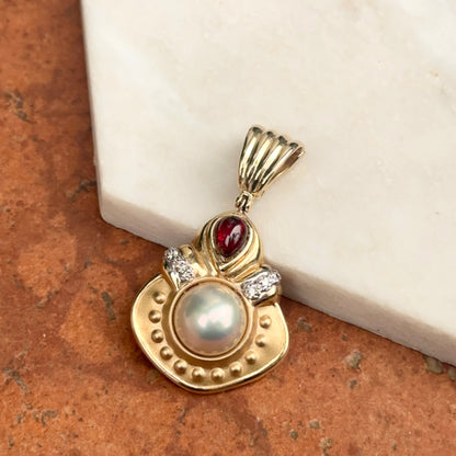 Estate 14KT Yellow Gold Large Mabe Pearl Garnet and Diamond Pearl Enhancer Pendant
