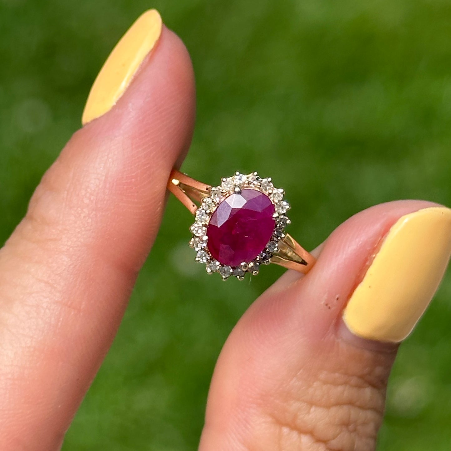 Estate 14KT Yellow Gold Oval 1.2 CT Ruby + Diamond Halo Ring