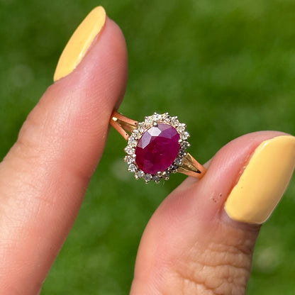 Estate 14KT Yellow Gold Oval 1.2 CT Ruby + Diamond Halo Ring