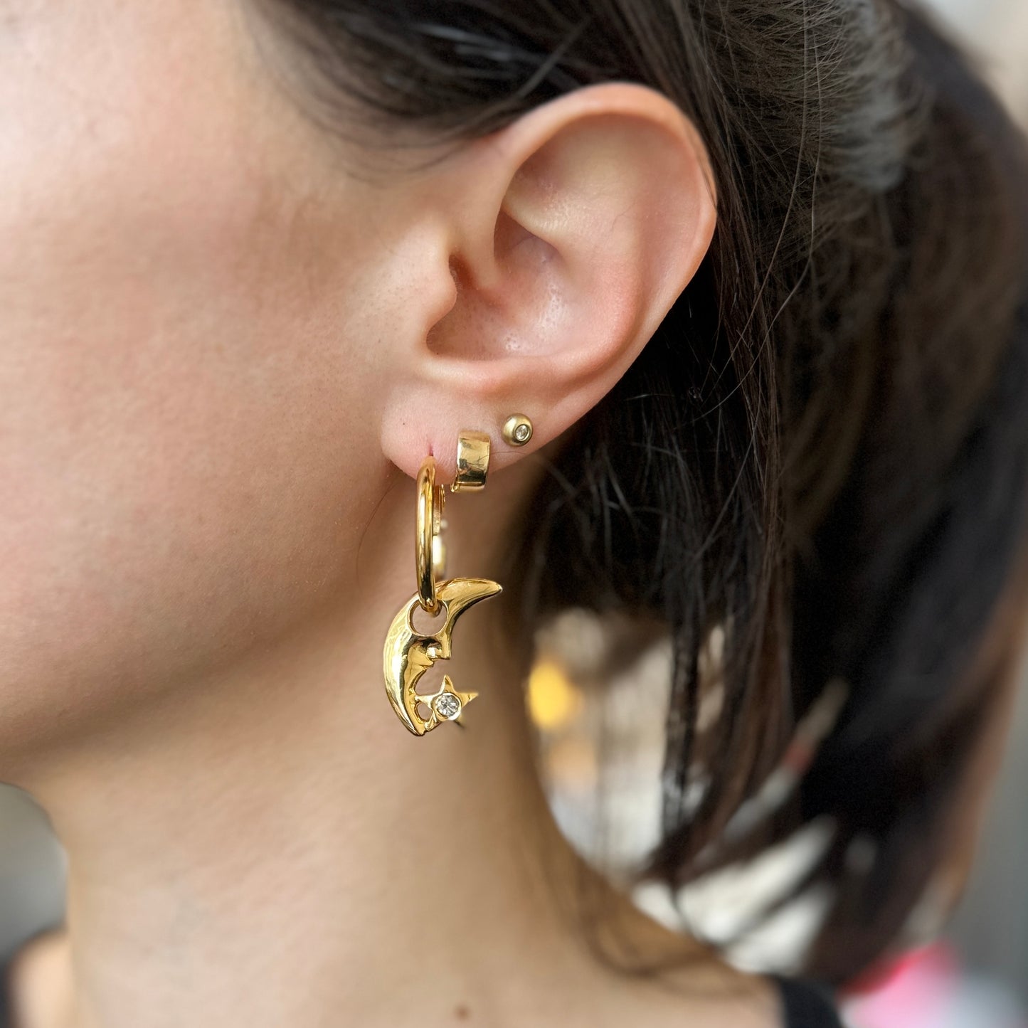 Yellow Gold-Tone Crescent Moon + Star CZ Stone Earring Charms PAIR