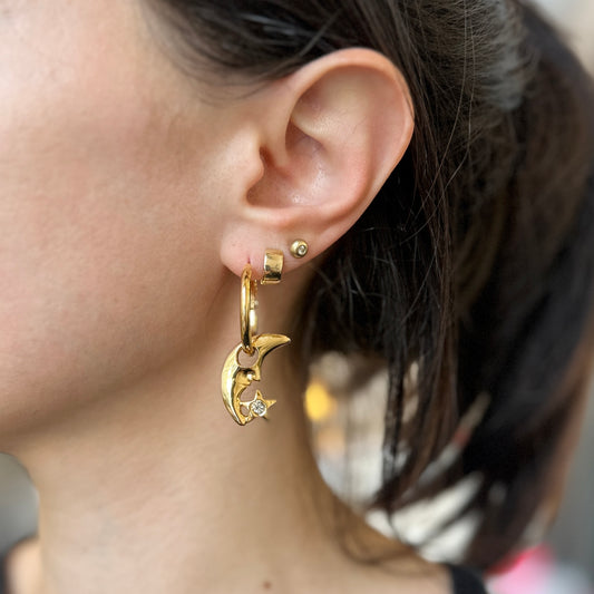 Yellow Gold-Tone Crescent Moon + Star CZ Stone Earring Charms PAIR