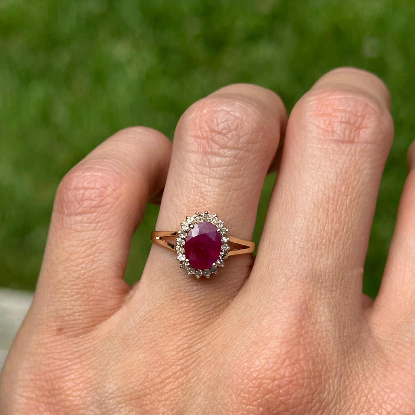 Estate 14KT Yellow Gold Oval 1.2 CT Ruby + Diamond Halo Ring