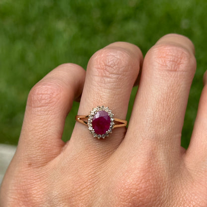 Estate 14KT Yellow Gold Oval 1.2 CT Ruby + Diamond Halo Ring
