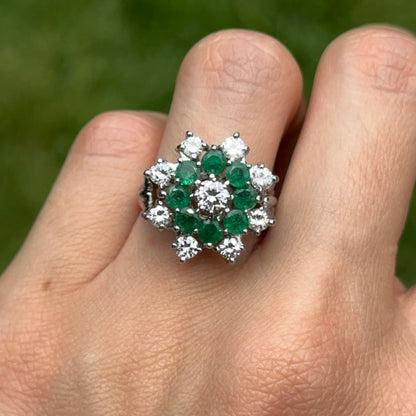 Mid Century 14KT White Gold Round Emerald + Round Diamond Ballerina Ring