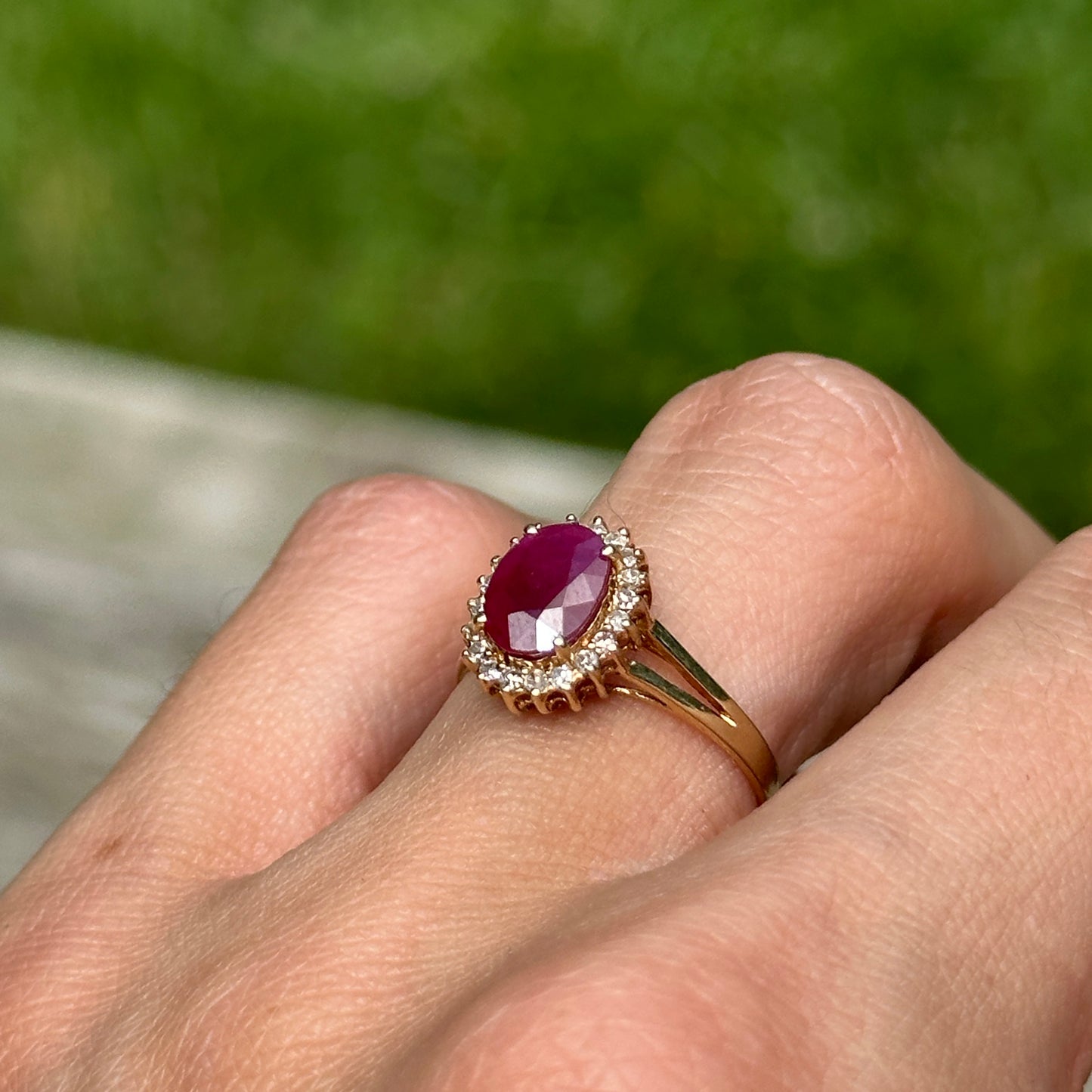 Estate 14KT Yellow Gold Oval 1.2 CT Ruby + Diamond Halo Ring