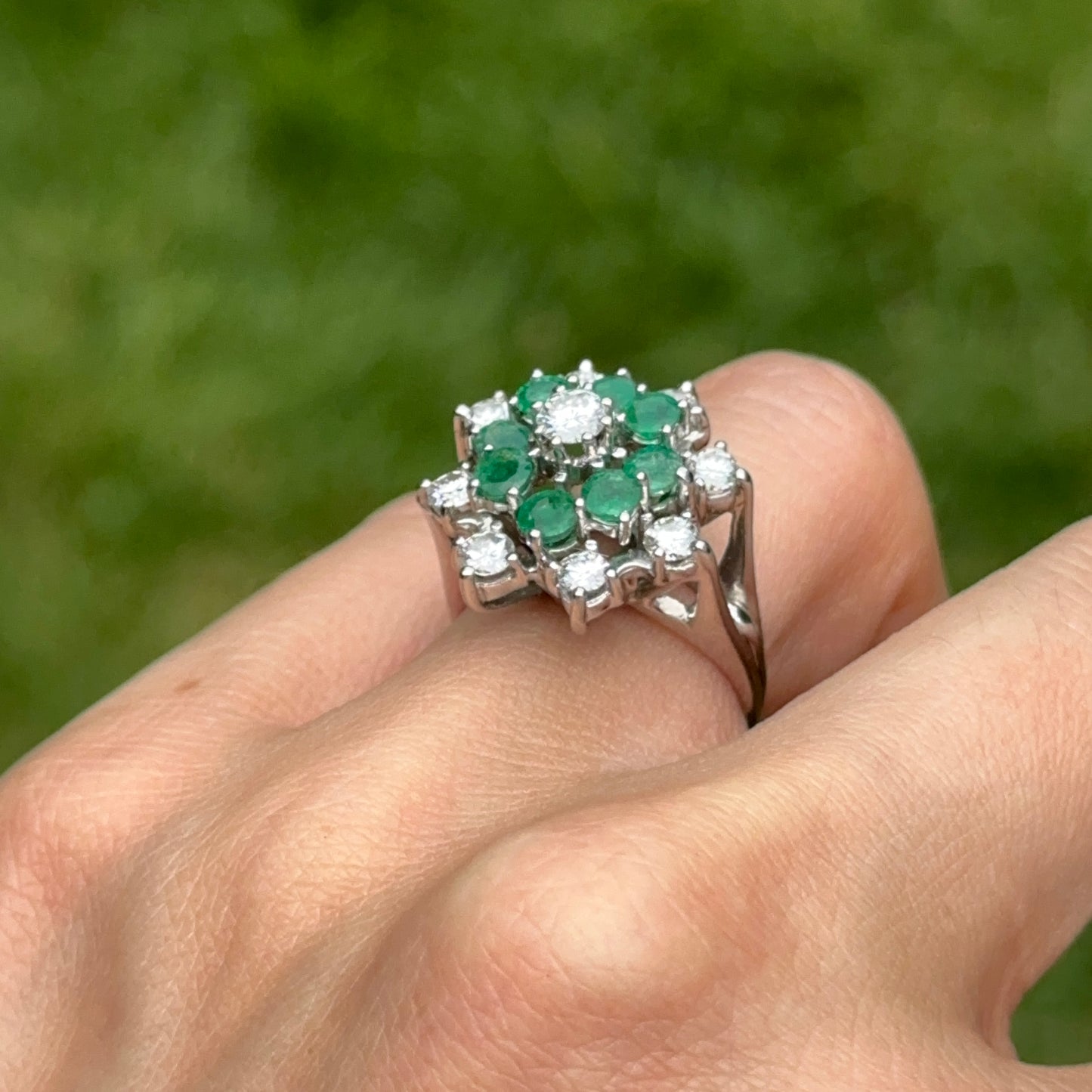 Mid Century 14KT White Gold Round Emerald + Round Diamond Ballerina Ring