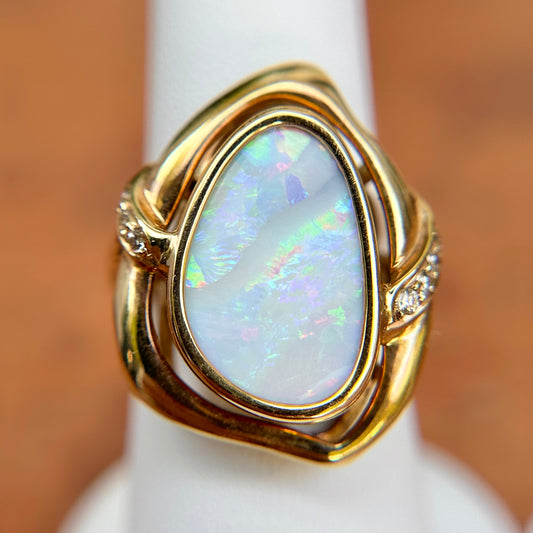 Estate 14KT Yellow Gold Pear Australian Opal + Diamond Ring