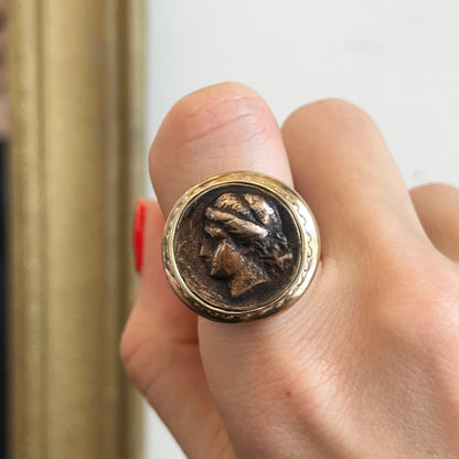 Estate 14KT Yellow Gold Plated Bezel Replica Bronze Sterling Silver Coin Ring