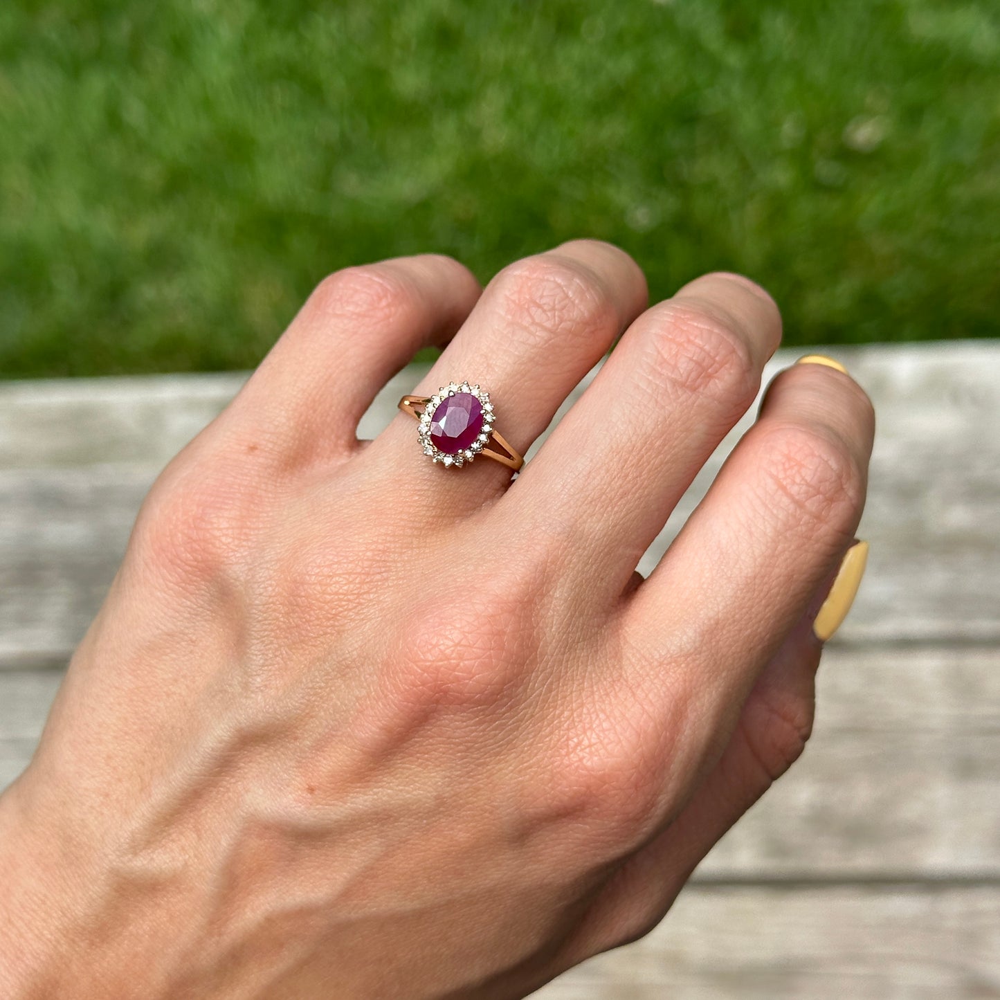 Estate 14KT Yellow Gold Oval 1.2 CT Ruby + Diamond Halo Ring