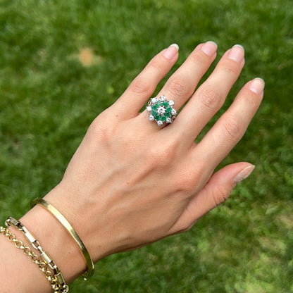 Mid Century 14KT White Gold Round Emerald + Round Diamond Ballerina Ring