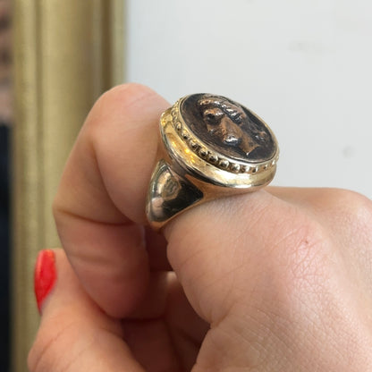 Estate 14KT Yellow Gold Plated Bezel Replica Bronze Sterling Silver Coin Ring