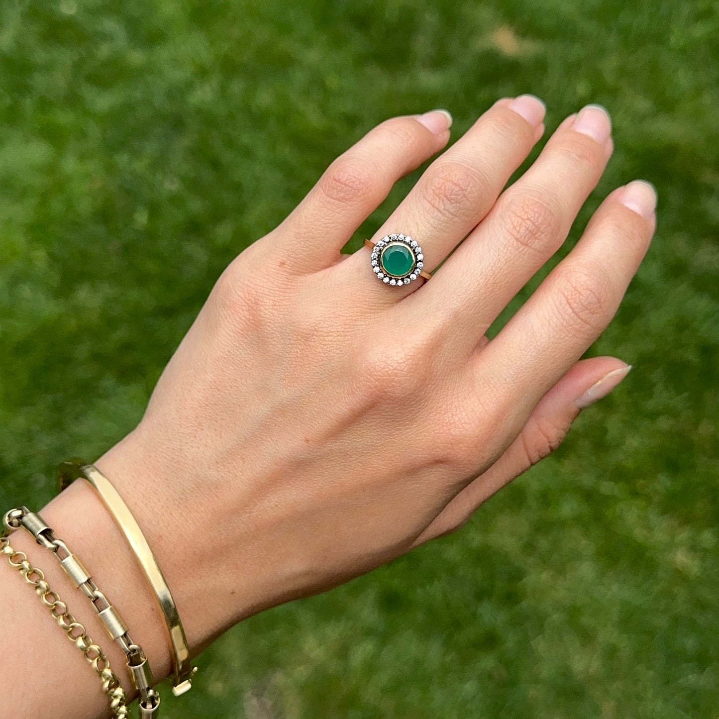 Estate 18KT Yellow Gold Round Emerald + Diamond Antiqued Halo Ring