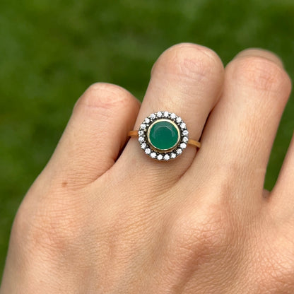 Estate 18KT Yellow Gold Round Emerald + Diamond Antiqued Halo Ring