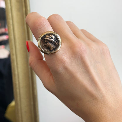 Estate 14KT Yellow Gold Plated Bezel Replica Bronze Sterling Silver Coin Ring