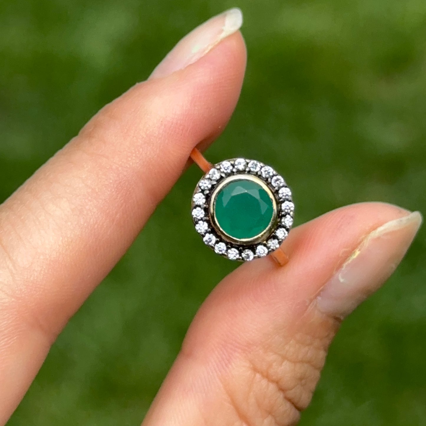 Estate 18KT Yellow Gold Round Emerald + Diamond Antiqued Halo Ring