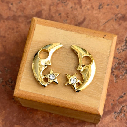 Yellow Gold-Tone Crescent Moon + Star CZ Stone Earring Charms PAIR