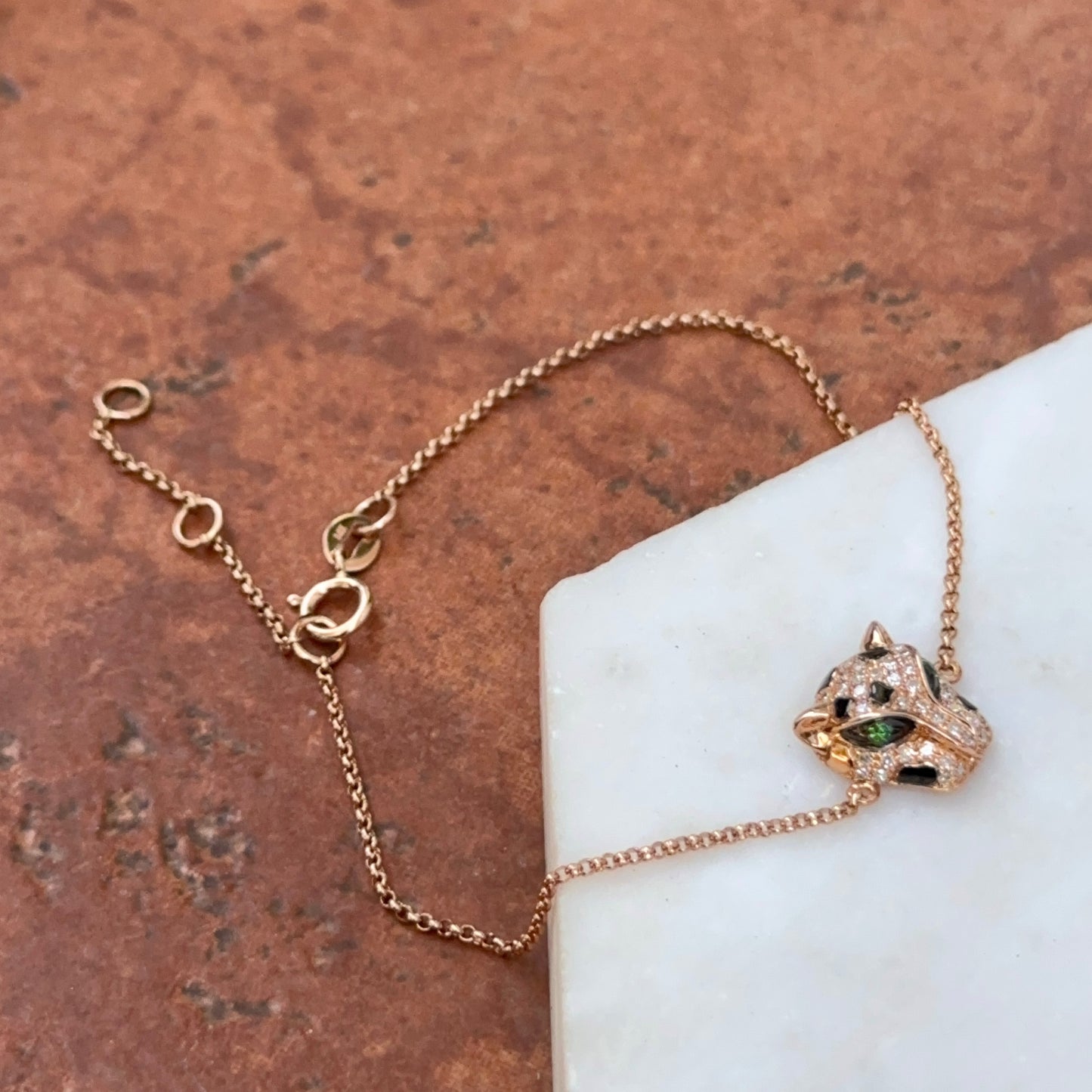 Estate 14KT Rose Gold Pave Diamond + Tsavorite Panther Head Chain Bracelet