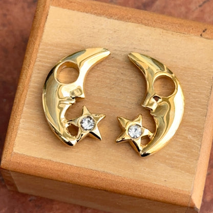 Yellow Gold-Tone Crescent Moon + Star CZ Stone Earring Charms PAIR
