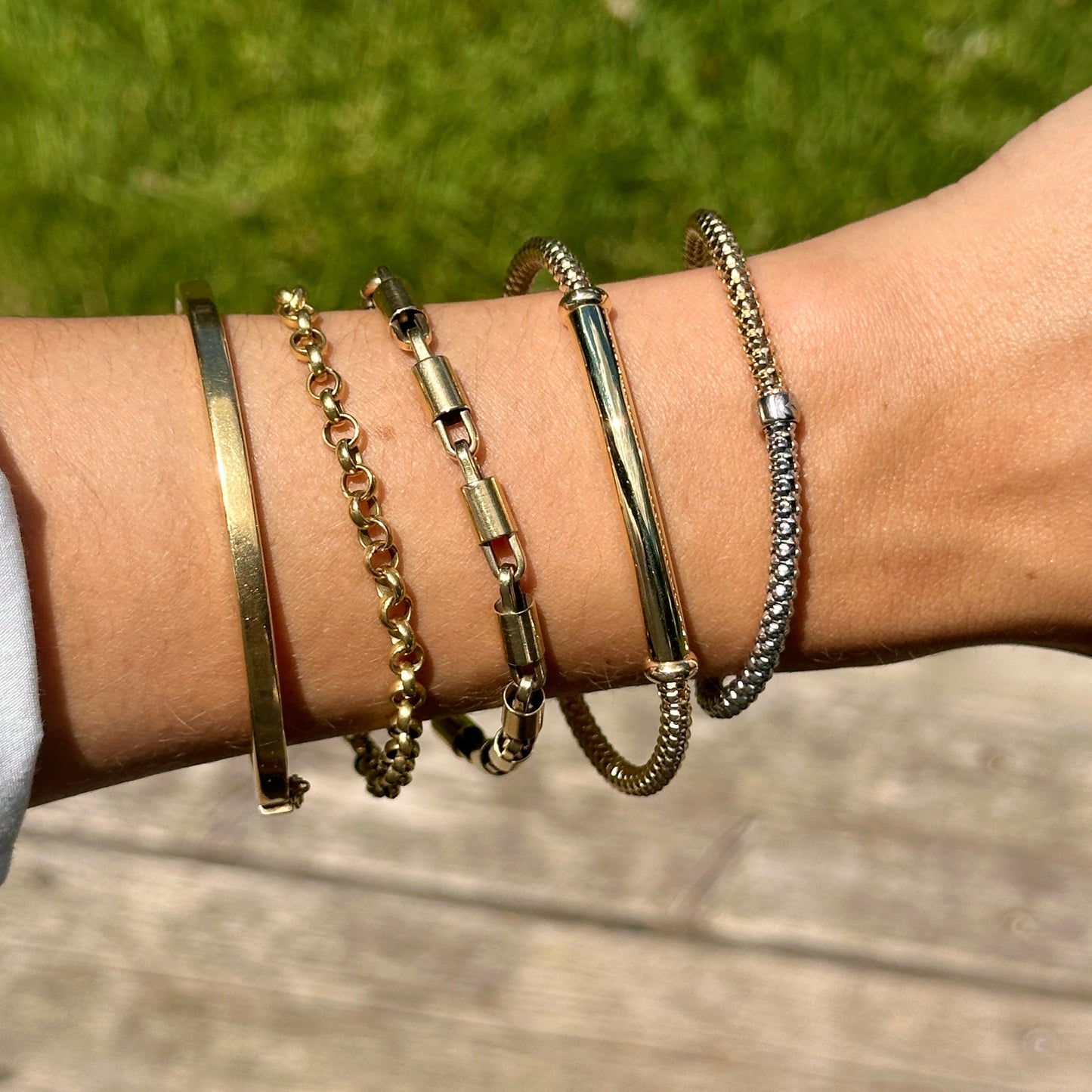 14KT Yellow, White + Rose Gold Mesh Slip-On Bracelet