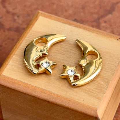 Yellow Gold-Tone Crescent Moon + Star CZ Stone Earring Charms PAIR