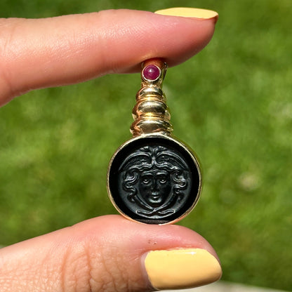 Estate 14KT Yellow Gold Carved Onyx Medusa Intaglio + Ruby Pendant