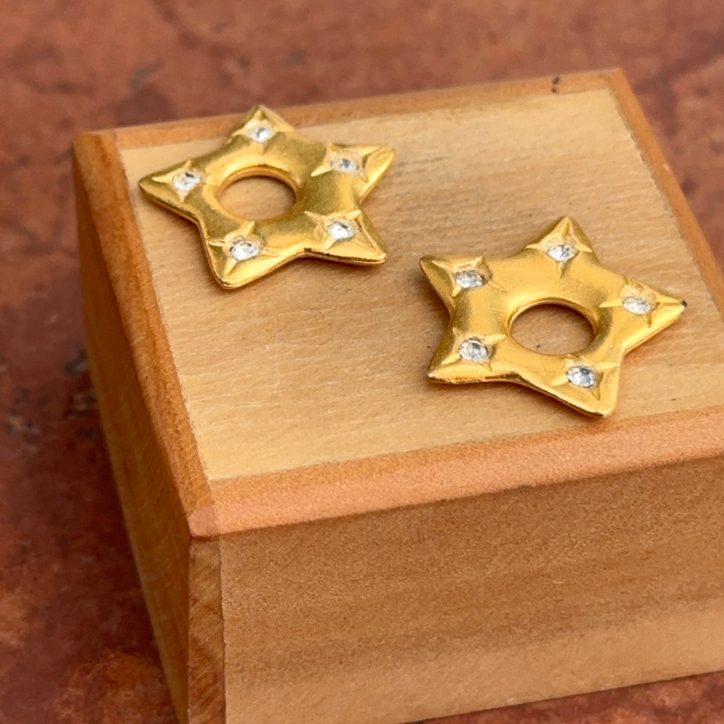 Yellow Gold-Tone Matte Star CZ Stone Earring Charms