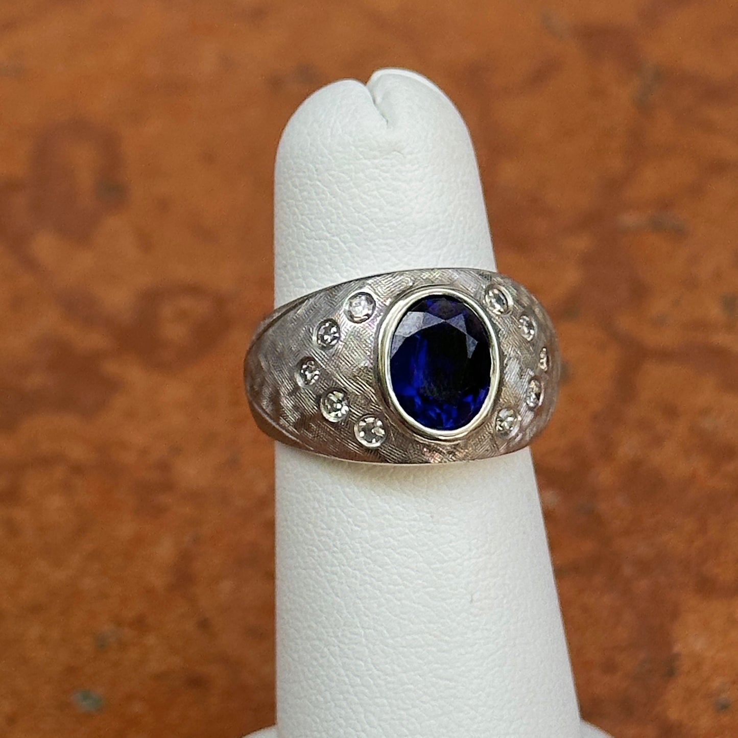 Estate 14KT White Gold Matte Oval Synthetic Sapphire + Diamond Ring