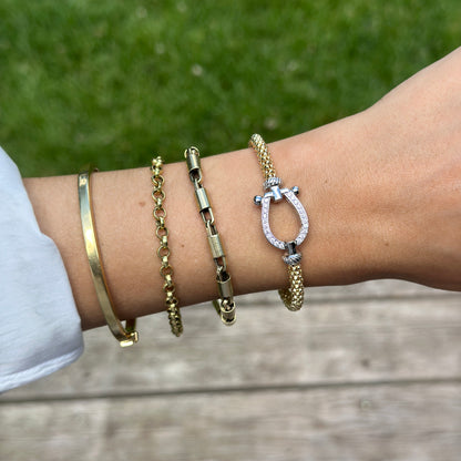 Gold-Plated + Silver Mesh Popcorn Horse Bit Diamond Bangle Bracelet