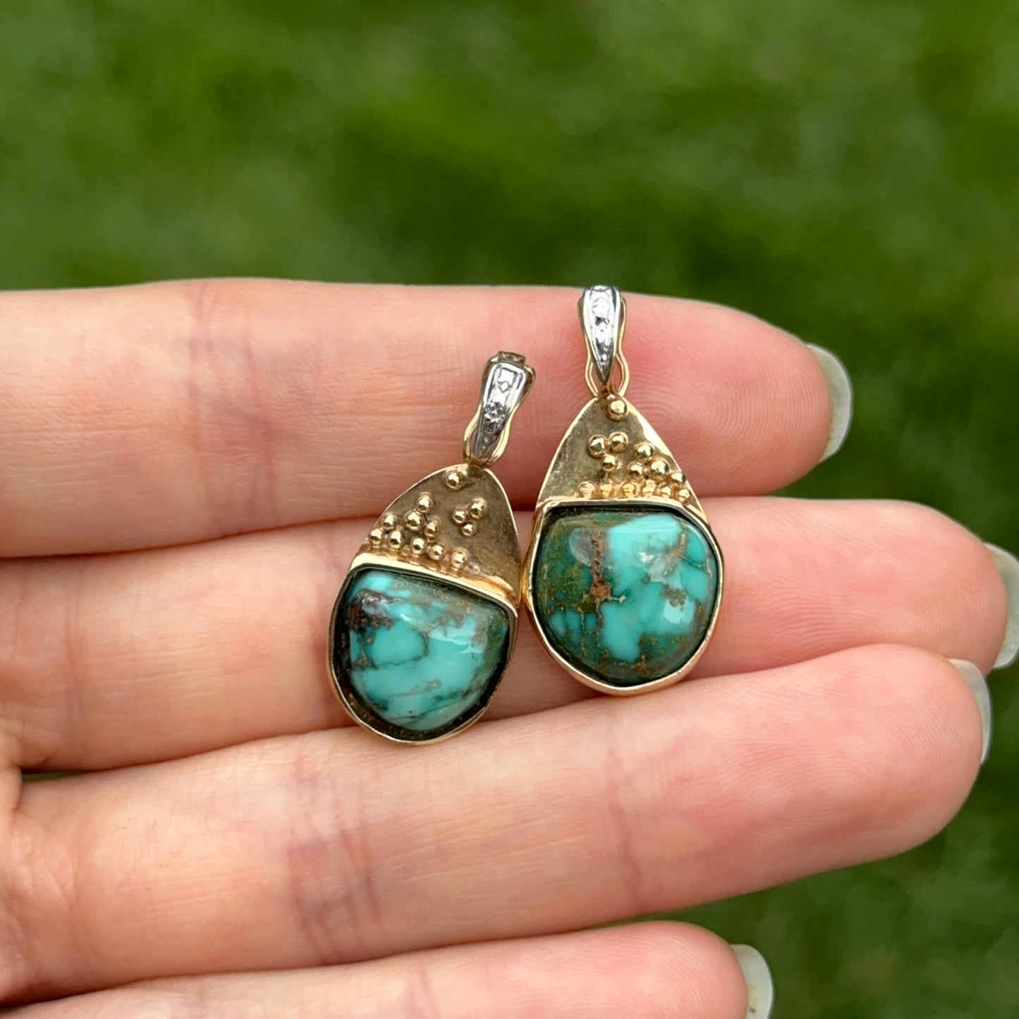 Estate 14K Yellow + White Gold Green Turquoise Earring Charms/Pendant Enhancers