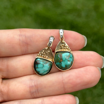 Estate 14K Yellow + White Gold Green Turquoise Earring Charms/Pendant Enhancers