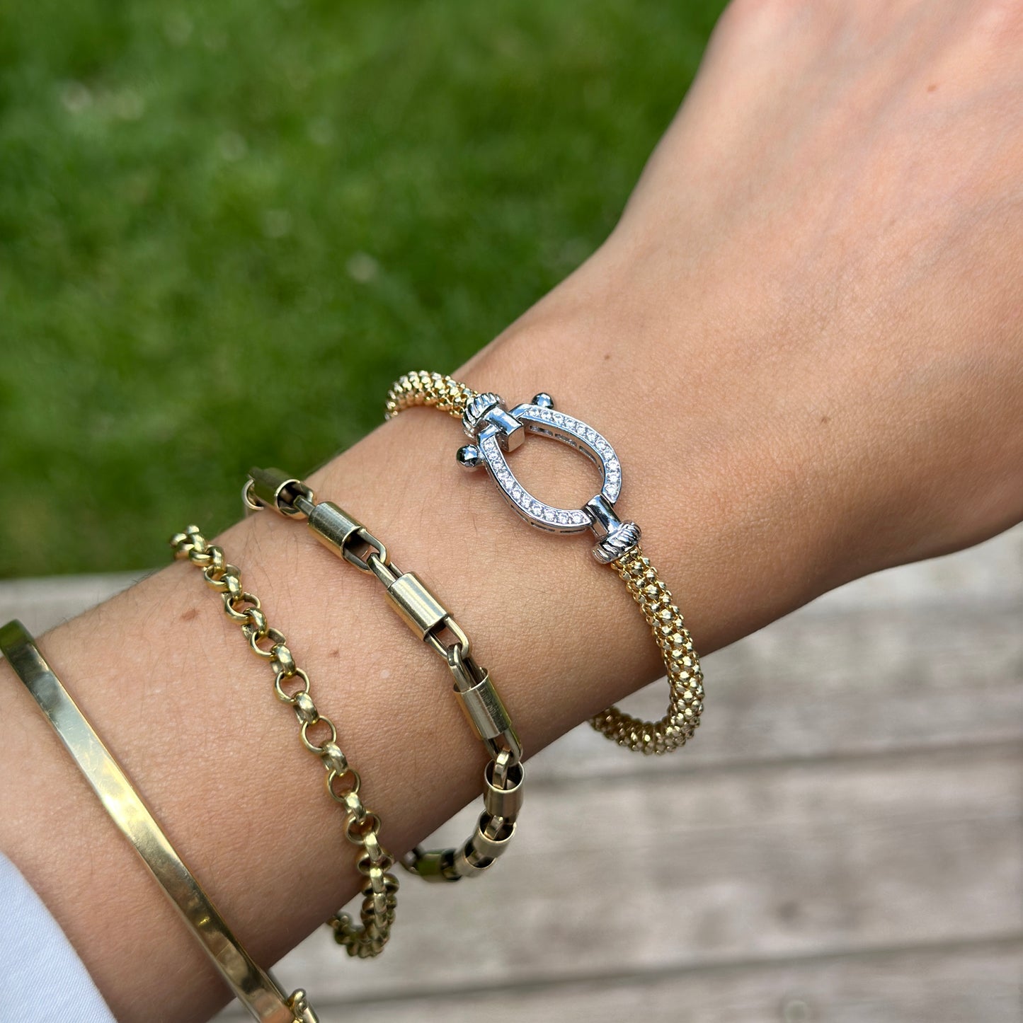 Gold-Plated + Silver Mesh Popcorn Horse Bit Diamond Bangle Bracelet